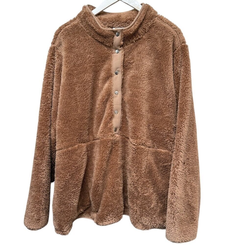 Denim & Co. Fleece Pullover Plus Size 2X Brown Cozy Fuzzy Womens Sherpa Jacket